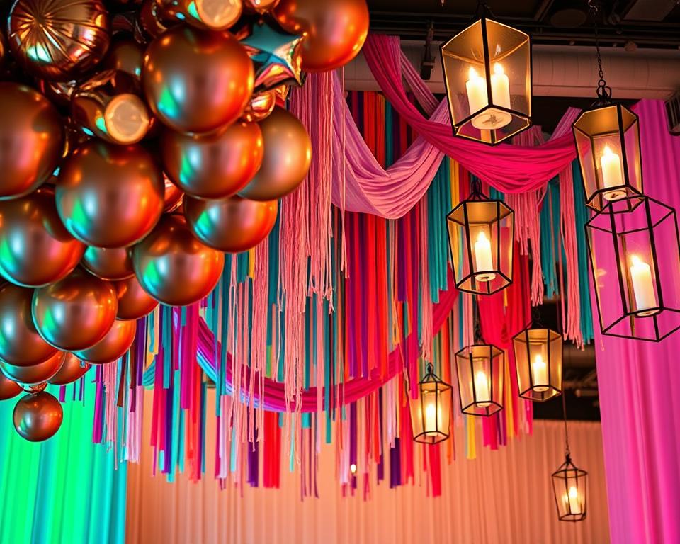 A vibrant, modern display of quality party decorations. In the foreground, an array of metallic balloons in various shapes and sizes float effortlessly, reflecting warm, ambient lighting. The middle ground showcases elegant streamers and tasseled garlands in a spectrum of jewel-toned hues, cascading gracefully from the ceiling. In the background, sleek, geometric lanterns and suspended candle holders provide a touch of sophistication, illuminating the scene with a soft, inviting glow. The overall atmosphere exudes a sense of elegance, innovation, and celebration, perfectly capturing the essence of "Quality and Innovation in Modern Party Decor". A vibrant, modern display of quality party decorations. In the foreground, an array of metallic balloons in various shapes and sizes float effortlessly, reflecting warm, ambient lighting. The middle ground showcases elegant streamers and tasseled garlands in a spectrum of jewel-toned hues, cascading gracefully from the ceiling. In the background, sleek, geometric lanterns and suspended candle holders provide a touch of sophistication, illuminating the scene with a soft, inviting glow. The overall atmosphere exudes a sense of elegance, innovation, and celebration, perfectly capturing the essence of "Quality and Innovation in Modern Party Decor".