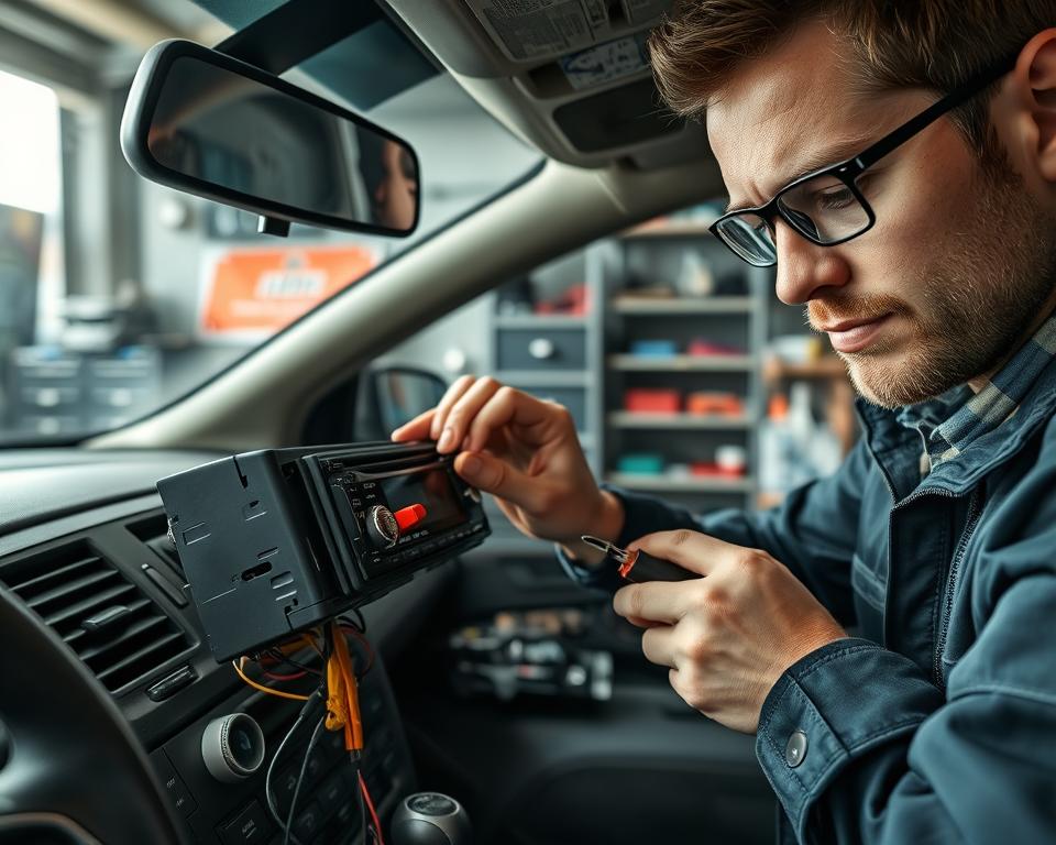A close-up view of a person carefully removing a car stereo from an open car dashboard. The foreground features the stereo being disassembled, with wires and tools like a screwdriver and pliers nearby, emphasizing attention to detail. The middle ground shows the car's interior, with hints of GPS and other electronic components waiting to be taken out. In the background, a garage or auto shop setting is visible, with tools and spare parts organized on shelves. Natural lighting creates a practical atmosphere, highlighting the focused expression of the person, who is dressed in casual, professional clothing. The overall mood conveys diligence and the importance of recycling car electronics responsibly.